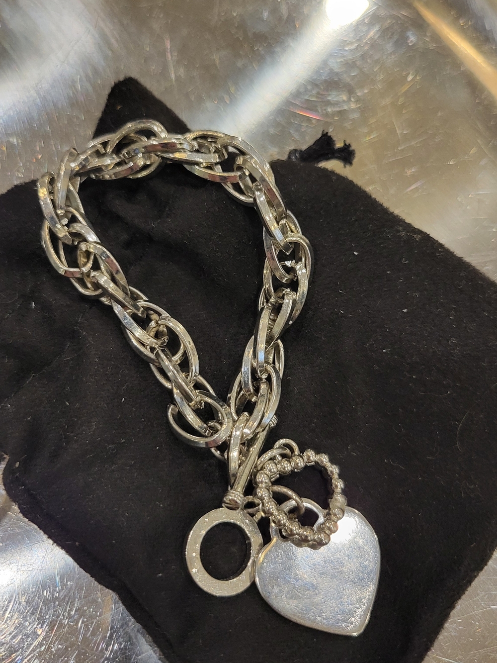 Silver-Tone Heart Pendant Charm Bracelet - Women Jewelry